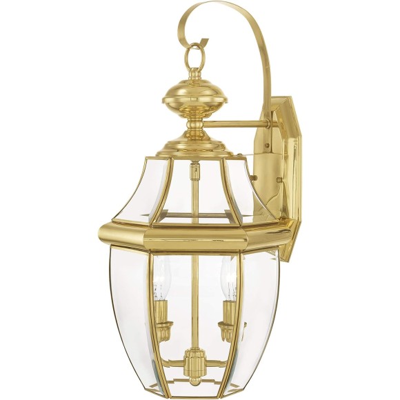 Lighting 2251-02 Monterey 2 Light Outdoor Polished Brass Finish Solid Brass Wall Lantern with Clear Beveled Glass, 20.25" x 10.5" x 10"