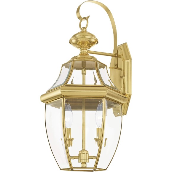 Lighting 2251-02 Monterey 2 Light Outdoor Polished Brass Finish Solid Brass Wall Lantern with Clear Beveled Glass, 20.25" x 10.5" x 10"