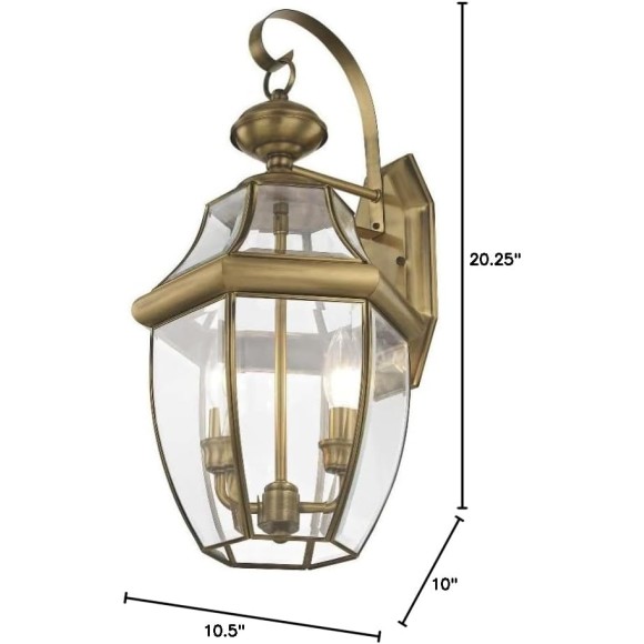 Lighting 2251-02 Monterey 2 Light Outdoor Polished Brass Finish Solid Brass Wall Lantern with Clear Beveled Glass, 20.25" x 10.5" x 10"
