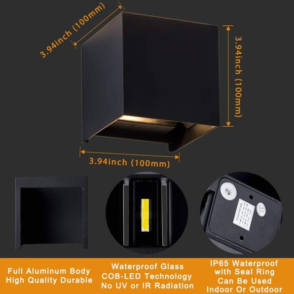 LED Aluminum Waterproof Outdoor Wall sconce, Outdoor Wall Light 6W 100-277V 3000K Outdoor Cube Square Wall Light Warm Light 2 LEDS Black 6W Outside Wall Lights for House Patio