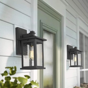 Outdoor Wall Mount Lights 2 Pack, 1-Light Exterior Sconces Lantern in Black Finish with Clear Seeded Glass, OS-1803EW1-2PK