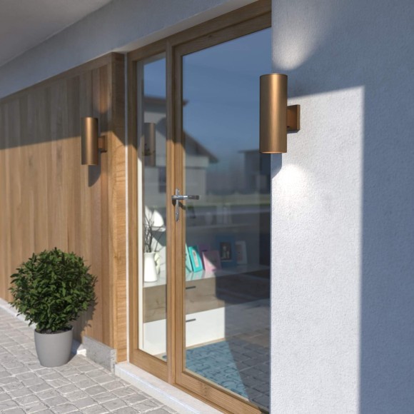 Chiasso Modern Outdoor Porch Light, 5" W x 14.25" H 2-Light Gold Brass Cylinder Wall Sconce, Up and Down Wall Light for Porch, Patio, Deck, or Front Door