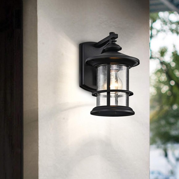 Textured Black Outdoor Wall Sconce 2 Pack, Waterproof Exterior Wall Lighting Fixtures with Clear Seedy Glass, 10" Outside Lights for House Front, Porch, Patio, Backyard