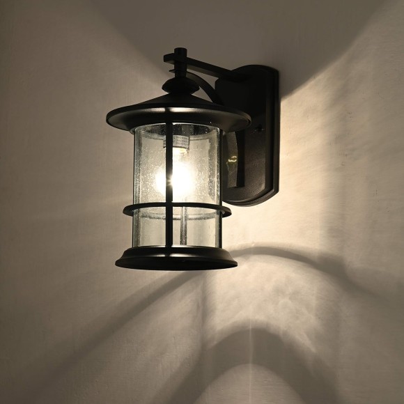 Textured Black Outdoor Wall Sconce 2 Pack, Waterproof Exterior Wall Lighting Fixtures with Clear Seedy Glass, 10" Outside Lights for House Front, Porch, Patio, Backyard