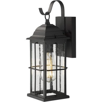 1-Light Outdoor Wall Sconce Lantern, 14 inch Exterior Light Fixtures Wall Mount in Black Finish with Seeded Glass Shade, 20071B1