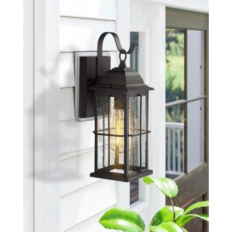 1-Light Outdoor Wall Sconce Lantern, 14 inch Exterior Light Fixtures Wall Mount in Black Finish with Seeded Glass Shade, 20071B1