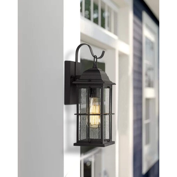 1-Light Outdoor Wall Sconce Lantern, 14 inch Exterior Light Fixtures Wall Mount in Black Finish with Seeded Glass Shade, 20071B1