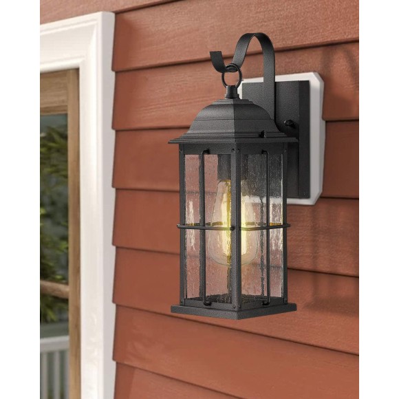 1-Light Outdoor Wall Sconce Lantern, 14 inch Exterior Light Fixtures Wall Mount in Black Finish with Seeded Glass Shade, 20071B1
