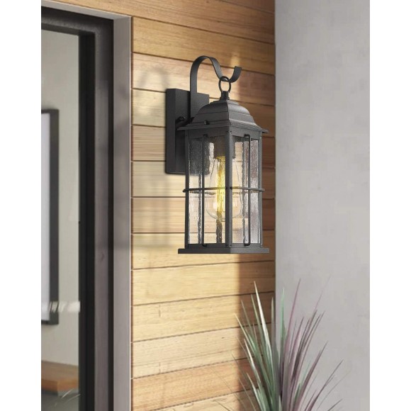 1-Light Outdoor Wall Sconce Lantern, 14 inch Exterior Light Fixtures Wall Mount in Black Finish with Seeded Glass Shade, 20071B1