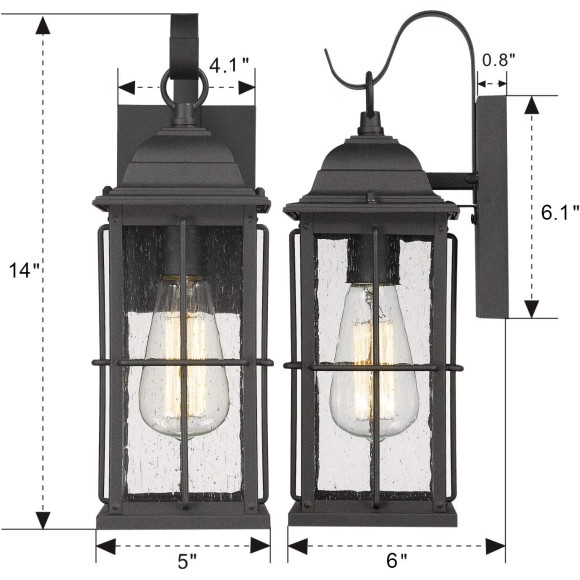 1-Light Outdoor Wall Sconce Lantern, 14 inch Exterior Light Fixtures Wall Mount in Black Finish with Seeded Glass Shade, 20071B1