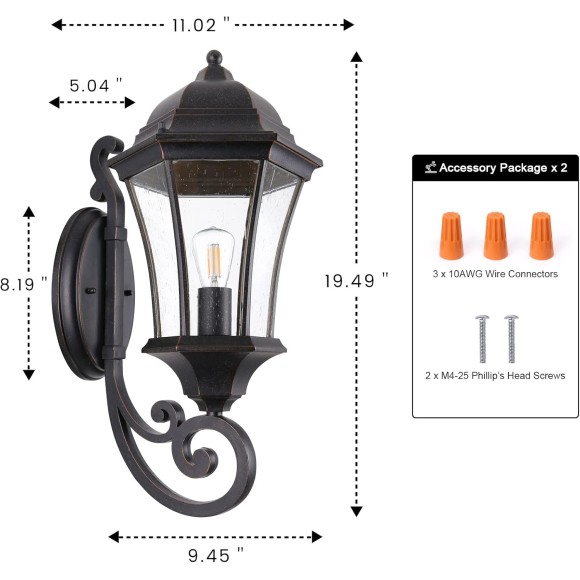 Large Outdoor Wall Light Fixture for Porch, Bronze Aluminum Exterior Door Lantern Light with Wall Mount Outside Wall Sconce with Clear Seeded Glass