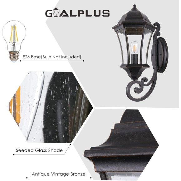 Large Outdoor Wall Light Fixture for Porch, Bronze Aluminum Exterior Door Lantern Light with Wall Mount Outside Wall Sconce with Clear Seeded Glass