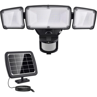 LITE Solar Security Lights 2400mAh LED Motion Sensor Light Outdoor, Rechargable 1600lm Solar Flood Light, 5500-6000K, IP 65 Waterproof for Garage, Yard, Porch, Entryways - Black