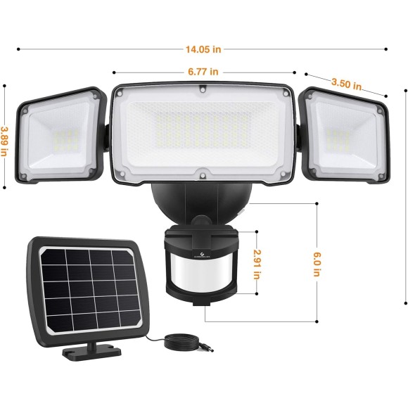 LITE Solar Security Lights 2400mAh LED Motion Sensor Light Outdoor, Rechargable 1600lm Solar Flood Light, 5500-6000K, IP 65 Waterproof for Garage, Yard, Porch, Entryways - Black
