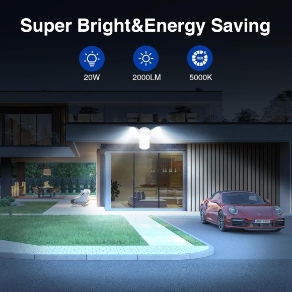 LED Security Lights, Motion Sensor Outdoor Light, Motion Detector Flood Light, 20W 2000LM, 5000K, IP65 Waterproof, Adjustable 2 Head for Garage, Yard, Porch