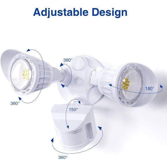 LED Security Lights, Motion Sensor Outdoor Light, Motion Detector Flood Light, 20W 2000LM, 5000K, IP65 Waterproof, Adjustable 2 Head for Garage, Yard, Porch