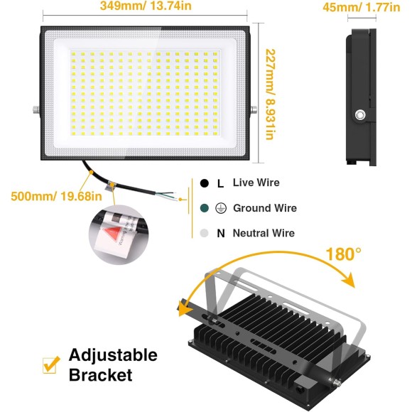 200W LED Flood Light Outdoor, 18000LM Bright Security Light, IP66 Waterproof Outdoor LED Lights, 6500K Daylight White Floodlight for Garage, Yard, Garden, Stadium, Playground, Arena(2 Pack)
