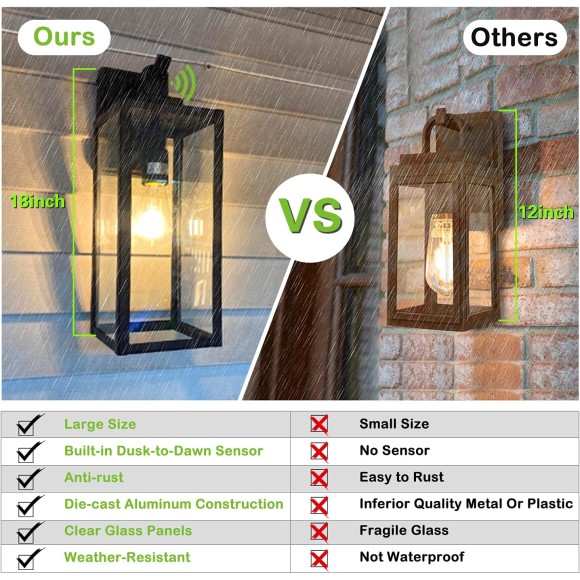 Large Size Outdoor Wall Lanterns, 18 Inch Outdoor Wall Light Fixtures, Matte Black Porch Lights, Exterior Wall Lighting, Anti-Rust Architectural Outdoor Sconces, ETL Listed, 2 Pack