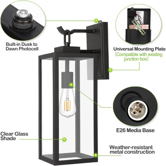 Large Size Outdoor Wall Lanterns, 18 Inch Outdoor Wall Light Fixtures, Matte Black Porch Lights, Exterior Wall Lighting, Anti-Rust Architectural Outdoor Sconces, ETL Listed, 2 Pack
