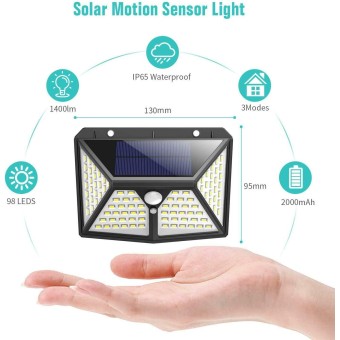 2 Pack of 98 LED Led Solar Lights Outdoor Motion Sensor Lights Security Walkway Lights with 270° Wide Angle ,IP65 Waterproof, Easy-to-Install Security Lights for Front Door, Yard, Garage, Deck
