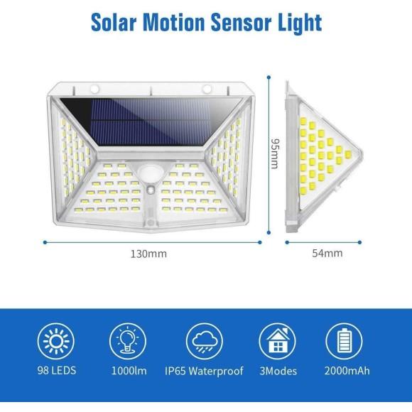 2 Pack of 98 LED Led Solar Lights Outdoor Motion Sensor Lights Security Walkway Lights with 270° Wide Angle ,IP65 Waterproof, Easy-to-Install Security Lights for Front Door, Yard, Garage, Deck