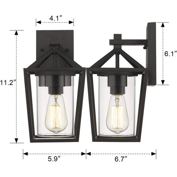 Outdoor Wall Lights 2 Pack, Exterior Wall Mounted Light Fixtures, Black Finish with Clear Glass, 20065B3-2PK