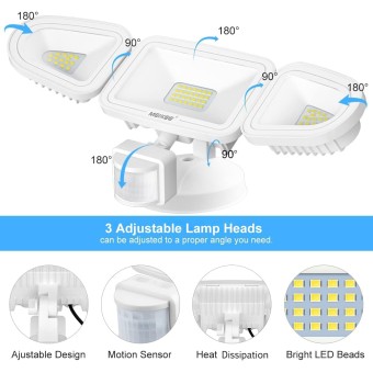 42W LED Security Lights Motion Sensor Light Outdoor Flood Light, 3600LM 5000K IP65 Waterproof, 3 Adjustable Heads Motion Detector Lights for Outside Garage Yard Garden Porch Entryways