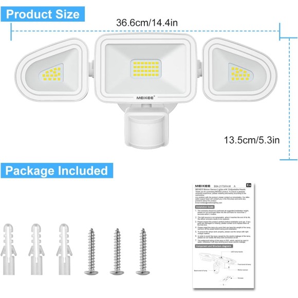 42W LED Security Lights Motion Sensor Light Outdoor Flood Light, 3600LM 5000K IP65 Waterproof, 3 Adjustable Heads Motion Detector Lights for Outside Garage Yard Garden Porch Entryways