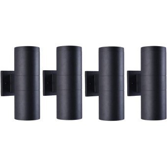 Modern Outdoor Porch Light Patio Light in 2 Lights with Matte Black Aluminum Cylinder and Tempered Glass Cover Waterproof Wall Sconce 4 Pack