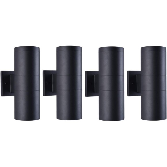 Modern Outdoor Porch Light Patio Light in 2 Lights with Matte Black Aluminum Cylinder and Tempered Glass Cover Waterproof Wall Sconce 4 Pack