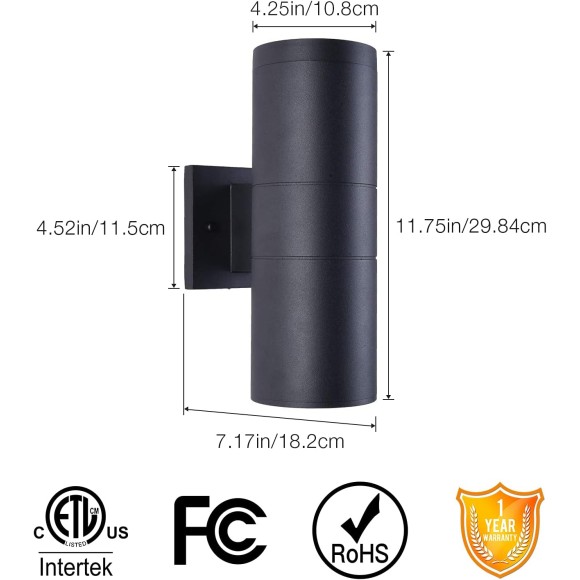 Modern Outdoor Porch Light Patio Light in 2 Lights with Matte Black Aluminum Cylinder and Tempered Glass Cover Waterproof Wall Sconce 4 Pack