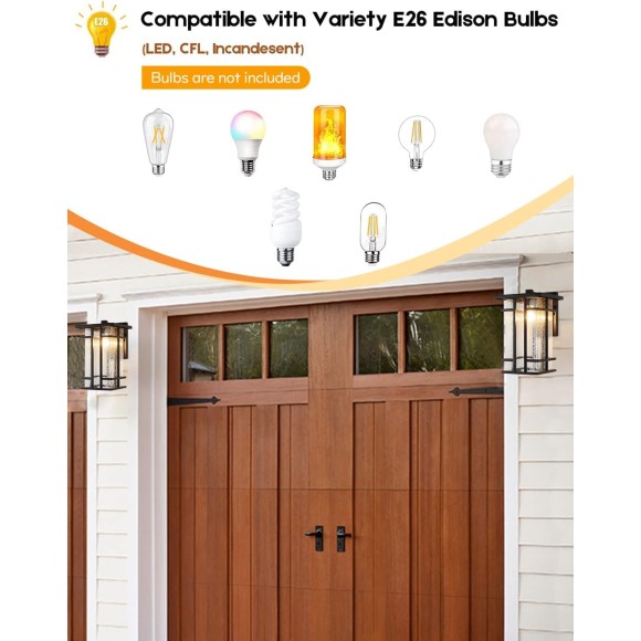 Rustic Outdoor Wall Light Fixture 13.8"H Waterproof Exterior Wall Sconces Black Metal with Clear Seeded Glass Shade Outdoor Wall Lantern for Exterior House Patio Porch,Entryway,Garage Wall Lamps