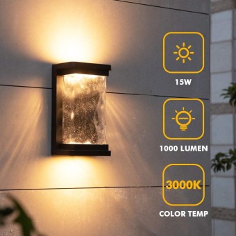 1000 Lumen Outdoor LED Wall Light Fixture, Porch Light Wall Sconce with Seeded Glass, Matte Black Wall Lantern Exterior Lighting for House Backyard Patio, 3000K