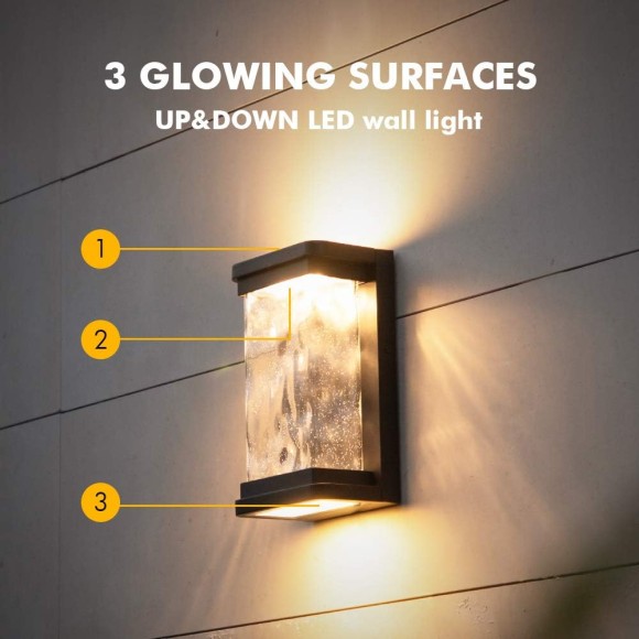 1000 Lumen Outdoor LED Wall Light Fixture, Porch Light Wall Sconce with Seeded Glass, Matte Black Wall Lantern Exterior Lighting for House Backyard Patio, 3000K