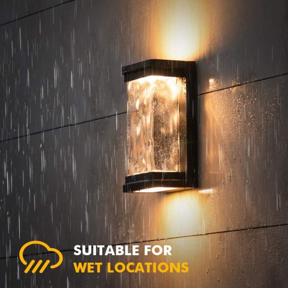 1000 Lumen Outdoor LED Wall Light Fixture, Porch Light Wall Sconce with Seeded Glass, Matte Black Wall Lantern Exterior Lighting for House Backyard Patio, 3000K