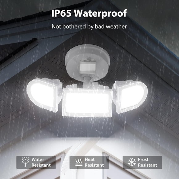 2 Pack 50W Motion Sensor Light Outdoor, 4600LM LED Security Light, 6500K Flood Lights Outdoor Motion Sensor, IP65 Waterproof 3 Head Adjustable Motion Activated Lights for House Yard Garage
