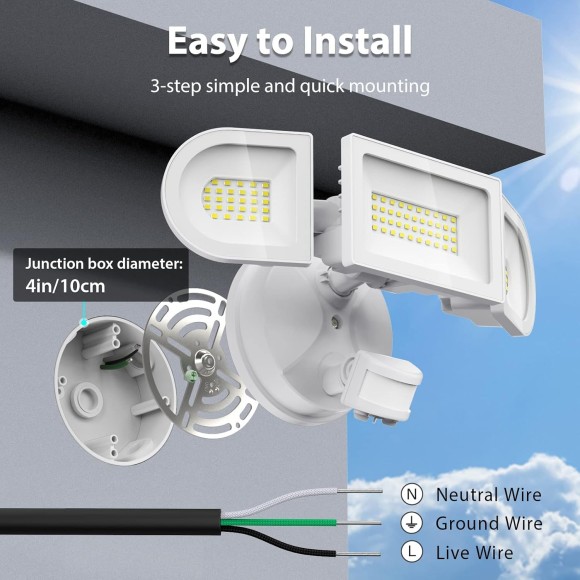 2 Pack 50W Motion Sensor Light Outdoor, 4600LM LED Security Light, 6500K Flood Lights Outdoor Motion Sensor, IP65 Waterproof 3 Head Adjustable Motion Activated Lights for House Yard Garage