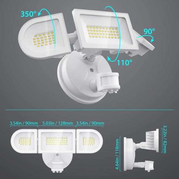2 Pack 50W Motion Sensor Light Outdoor, 4600LM LED Security Light, 6500K Flood Lights Outdoor Motion Sensor, IP65 Waterproof 3 Head Adjustable Motion Activated Lights for House Yard Garage