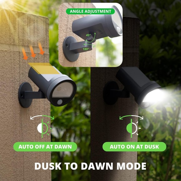 Solar Motion Sensor Outdoor Light, 2 Modes Solar Powered Wall Lights, IP65 Waterproof LED Security Lights, Adjustable Wireless Spotlight for Yard, Patio, Garage, Garden, Fence, Porch (Cold White)