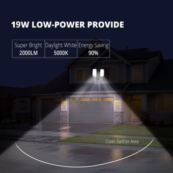 19W LED Flood Light Motion Sensor Outdoor, 2 Adjustable Head, 2000LM, 5000K, IP65 Waterproof, Security Light with Photocell for Exterior,Outside,Garage,House(Black)