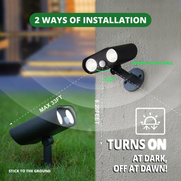 2 Pack Solar Spot Lights Outdoor with Motion Sensor, IP68 Waterproof LED Solar Powered Landscape Spotlight 2-in-1, 3 Modes Landscaping Lighting for Garden Yard Driveway Porch Pool,Cold White