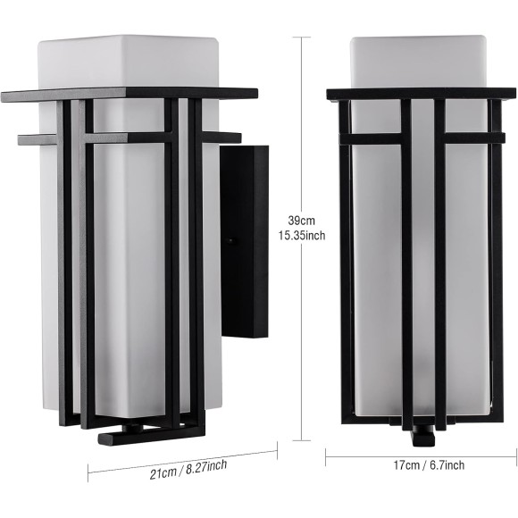 Outdoor Wall Light Fixtures Wall Mount, 1-Light 15.35''H Black Exterior Wall Sconce Porch Lantern with Die-Casting Aluminum Frosted Glass for Outside House Lighting(Large)