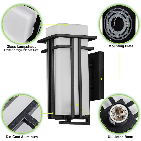 Outdoor Wall Light Fixtures Wall Mount, 1-Light 15.35''H Black Exterior Wall Sconce Porch Lantern with Die-Casting Aluminum Frosted Glass for Outside House Lighting(Large)