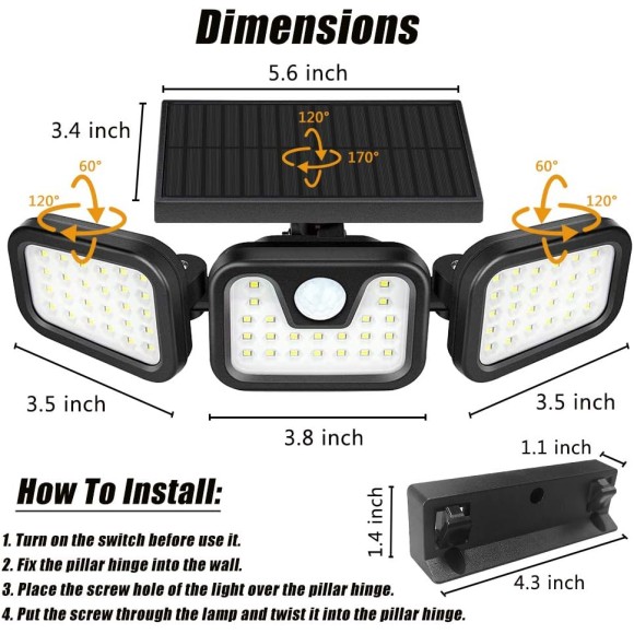 4PACK Solar Security Light Outdoor Solar Motion Sensor Light 500Lumen 74LED Solar Powered Security Flood Lighting with 3 Heads Wide Angle Illumination IP65 Waterproof for Outdoor Porch Yard Garage