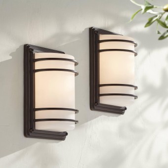Habitat Modern Industrial Outdoor Wall Light Fixtures Set of 2 Oil Rubbed Bronze 11" LED Opal Glass Shade Exterior House Porch Patio Outside Deck Garage Yard Front Door Garden