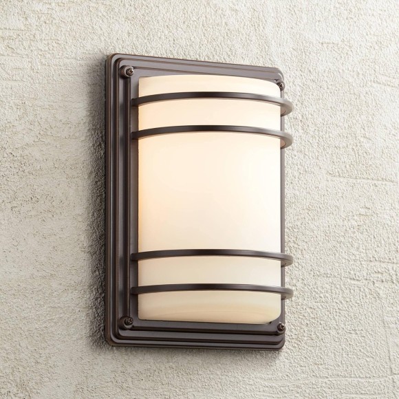 Habitat Modern Industrial Outdoor Wall Light Fixtures Set of 2 Oil Rubbed Bronze 11" LED Opal Glass Shade Exterior House Porch Patio Outside Deck Garage Yard Front Door Garden