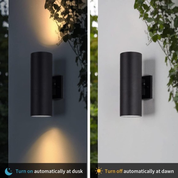 Modern Outdoor Porch Light Patio Light in 2 Lights Photocell Sensor with Matte Black Aluminum Cylinder and Tempered Glass Cover Waterproof Wall Sconce 4 Pack