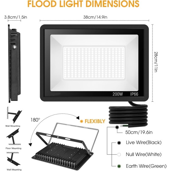 200W LED Flood Light 2 Pack, 22500lm Super Bright Security Lights, IP66 Waterproof Outdoor Flood Light, 5000K Daylight White Floodlight for Yard, Garden,Basketball Court, Arena
