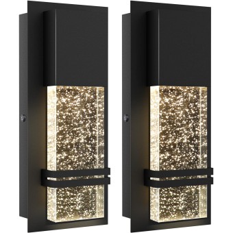 LED Integrated Outdoor Wall Light, Modern Exterior Wall Sconce with Crystal Bubble Glass, 12W 3000K Wall Mount Lighting Matte Black Finish Porch Light for Living Room Entryway Doorway 2 Pack