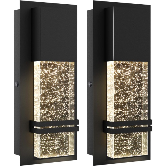 LED Integrated Outdoor Wall Light, Modern Exterior Wall Sconce with Crystal Bubble Glass, 12W 3000K Wall Mount Lighting Matte Black Finish Porch Light for Living Room Entryway Doorway 2 Pack